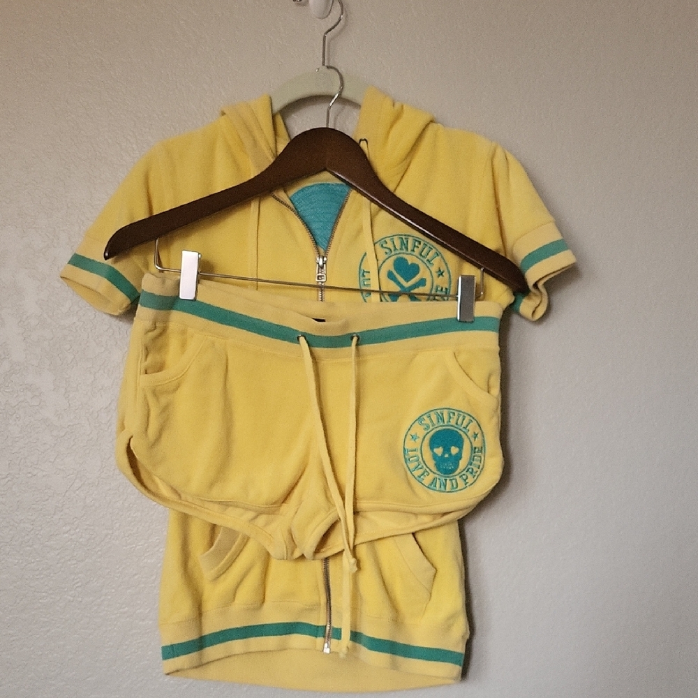 Sinful Yellow and Teal Hoodie and Shorts Set